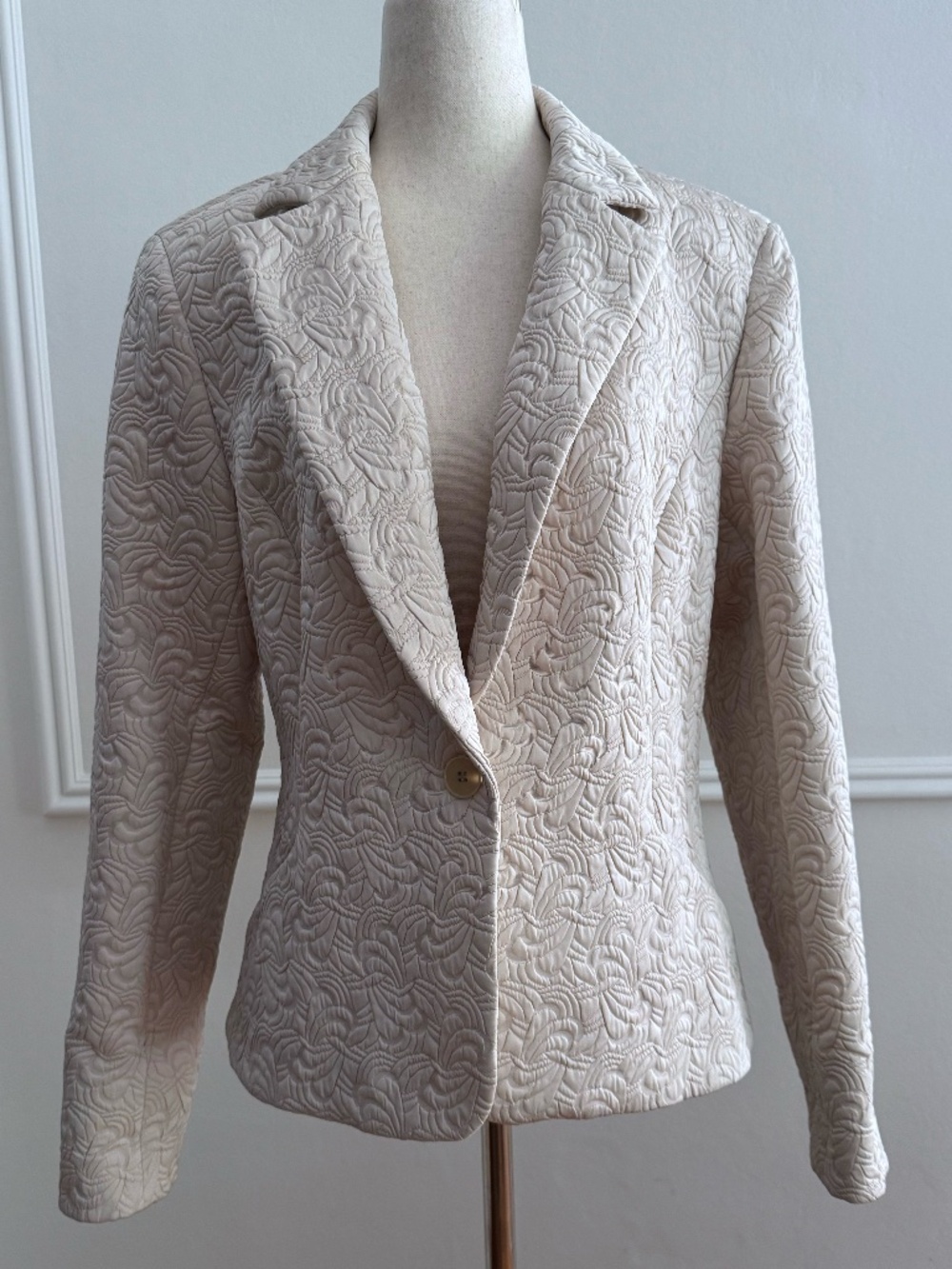 Lafayette 148 Ivory Matelasse Jacquard Blazer One Button Jacket Made USA Sz 10